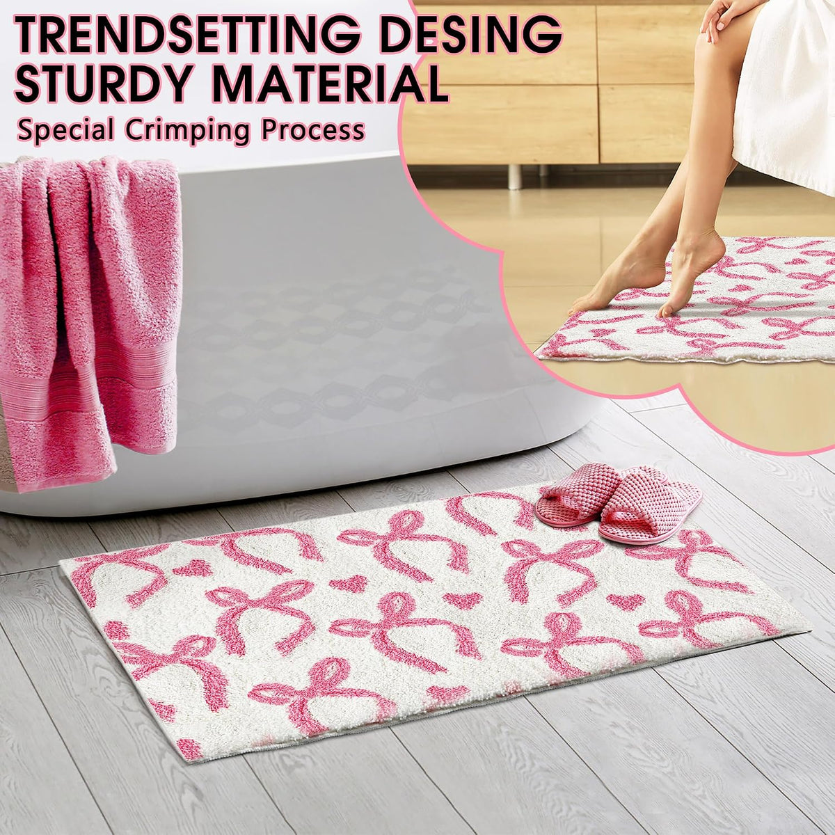 Pink Bow Bathroom Rug 20 x 32 Inch Non Slip Washable Bath Mat Coquette Aesthetic Cute Carpet for Vanity Sink Shower Bedroom Preppy Room Decor