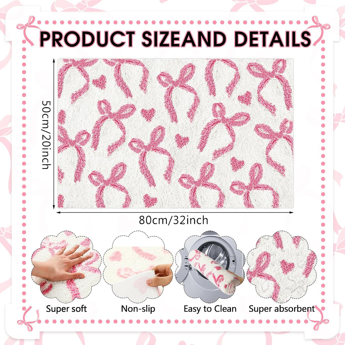 Pink Bow Bathroom Rug 20 x 32 Inch Non Slip Washable Bath Mat Coquette Aesthetic Cute Carpet for Vanity Sink Shower Bedroom Preppy Room Decor