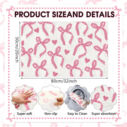 Pink Bow Bathroom Rug 20 x 32 Inch Non Slip Washable Bath Mat Coquette Aesthetic Cute Carpet for Vanity Sink Shower Bedroom Preppy Room Decor