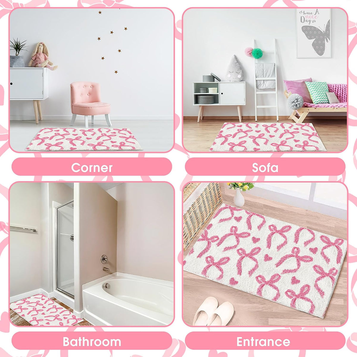 Pink Bow Bathroom Rug 20 x 32 Inch Non Slip Washable Bath Mat Coquette Aesthetic Cute Carpet for Vanity Sink Shower Bedroom Preppy Room Decor