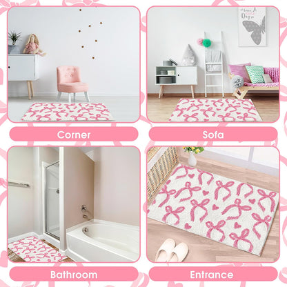 Pink Bow Bathroom Rug 20 x 32 Inch Non Slip Washable Bath Mat Coquette Aesthetic Cute Carpet for Vanity Sink Shower Bedroom Preppy Room Decor