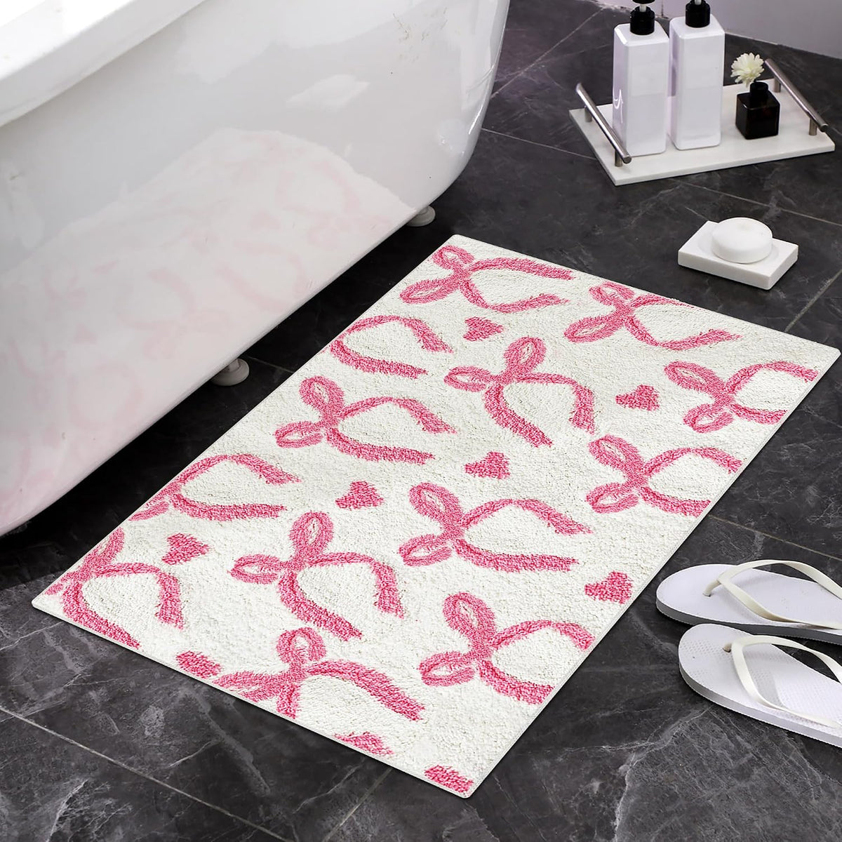 Pink Bow Bathroom Rug 20 x 32 Inch Non Slip Washable Bath Mat Coquette Aesthetic Cute Carpet for Vanity Sink Shower Bedroom Preppy Room Decor