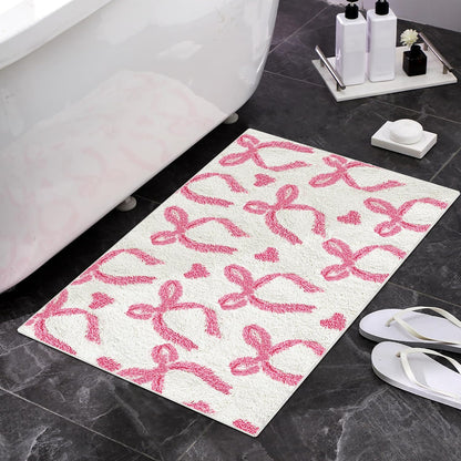 Pink Bow Bathroom Rug 20 x 32 Inch Non Slip Washable Bath Mat Coquette Aesthetic Cute Carpet for Vanity Sink Shower Bedroom Preppy Room Decor