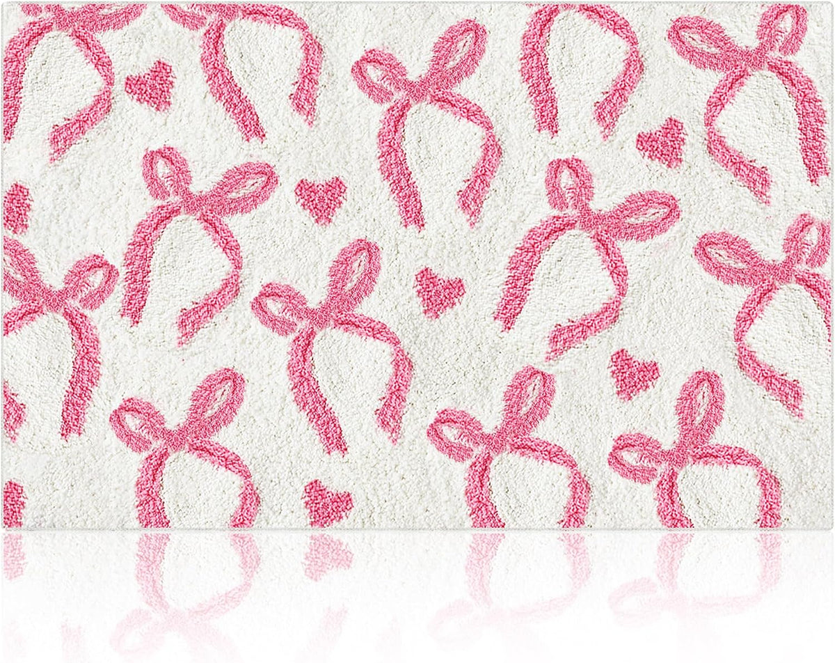 Pink Bow Bathroom Rug 20 x 32 Inch Non Slip Washable Bath Mat Coquette Aesthetic Cute Carpet for Vanity Sink Shower Bedroom Preppy Room Decor