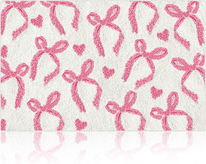 Pink Bow Bathroom Rug 20 x 32 Inch Non Slip Washable Bath Mat Coquette Aesthetic Cute Carpet for Vanity Sink Shower Bedroom Preppy Room Decor