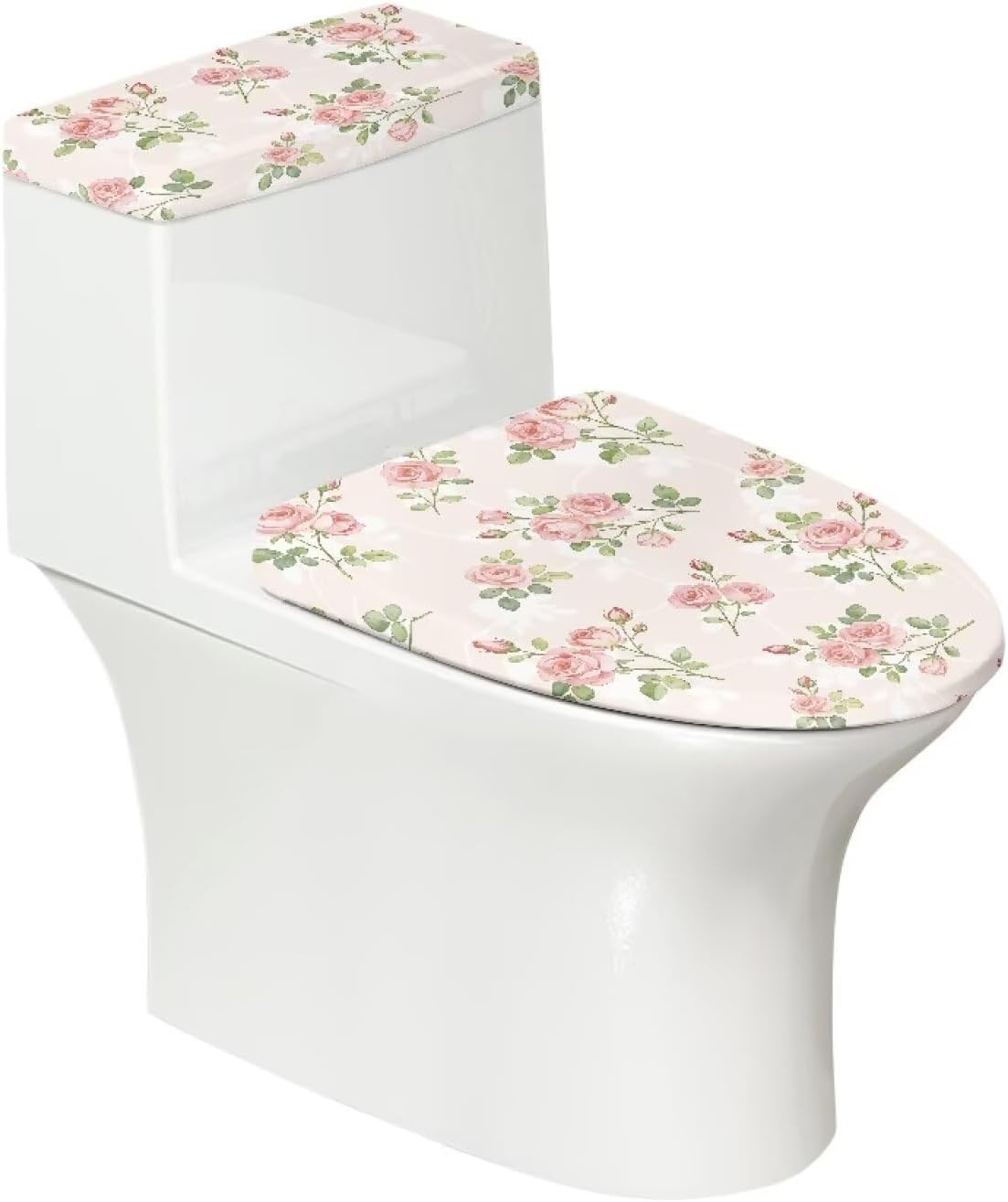 Pink Rose Toilet Seat Cover for Spring Decor 2 PCS Floral Toilet Lid Tank Cover for Bathroom Machine Washable Stretchable Fit for Round Oval Elongated Toilets, Pink