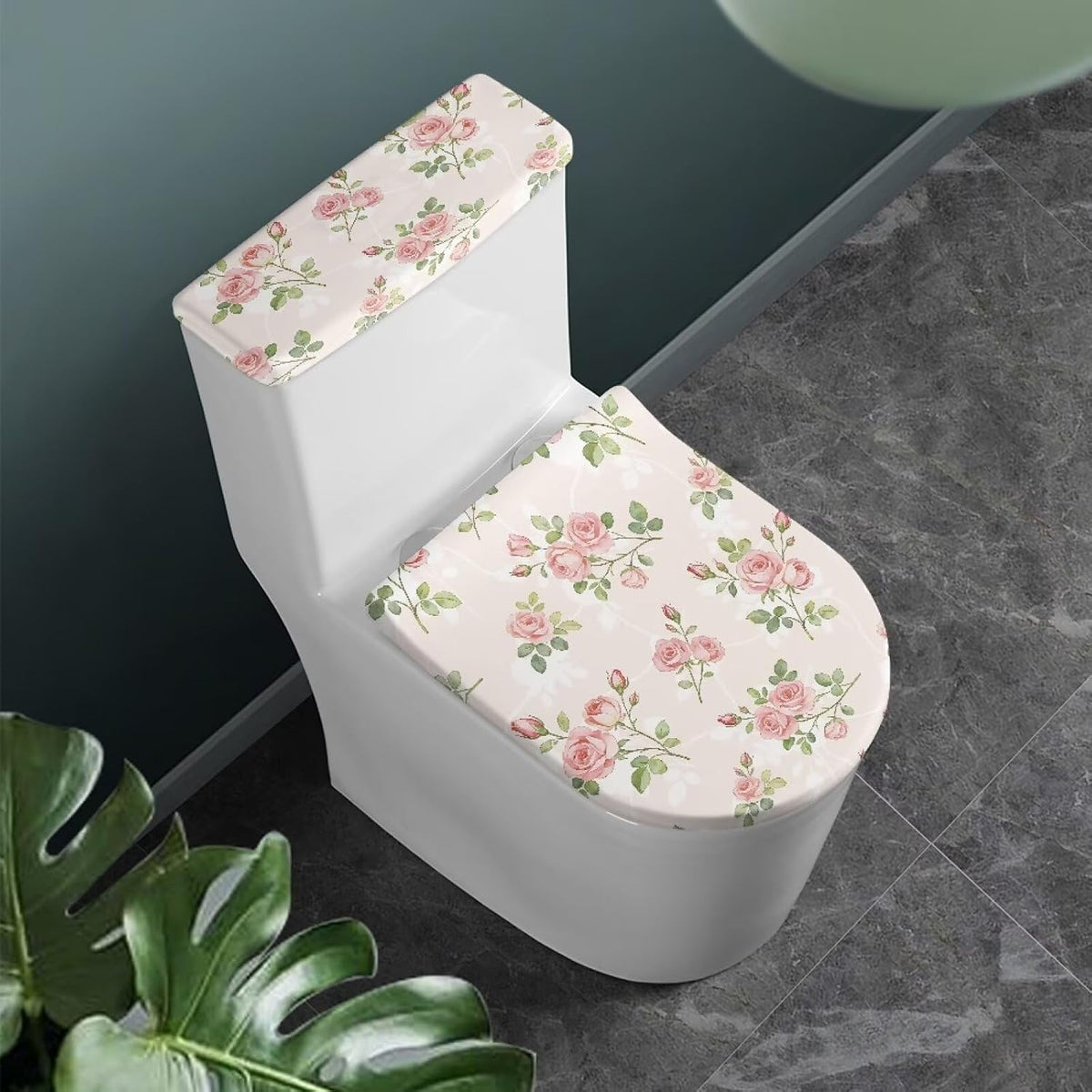 Pink Rose Toilet Seat Cover for Spring Decor 2 PCS Floral Toilet Lid Tank Cover for Bathroom Machine Washable Stretchable Fit for Round Oval Elongated Toilets, Pink