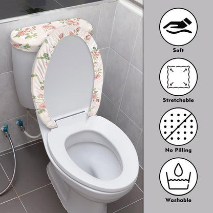 Pink Rose Toilet Seat Cover for Spring Decor 2 PCS Floral Toilet Lid Tank Cover for Bathroom Machine Washable Stretchable Fit for Round Oval Elongated Toilets, Pink