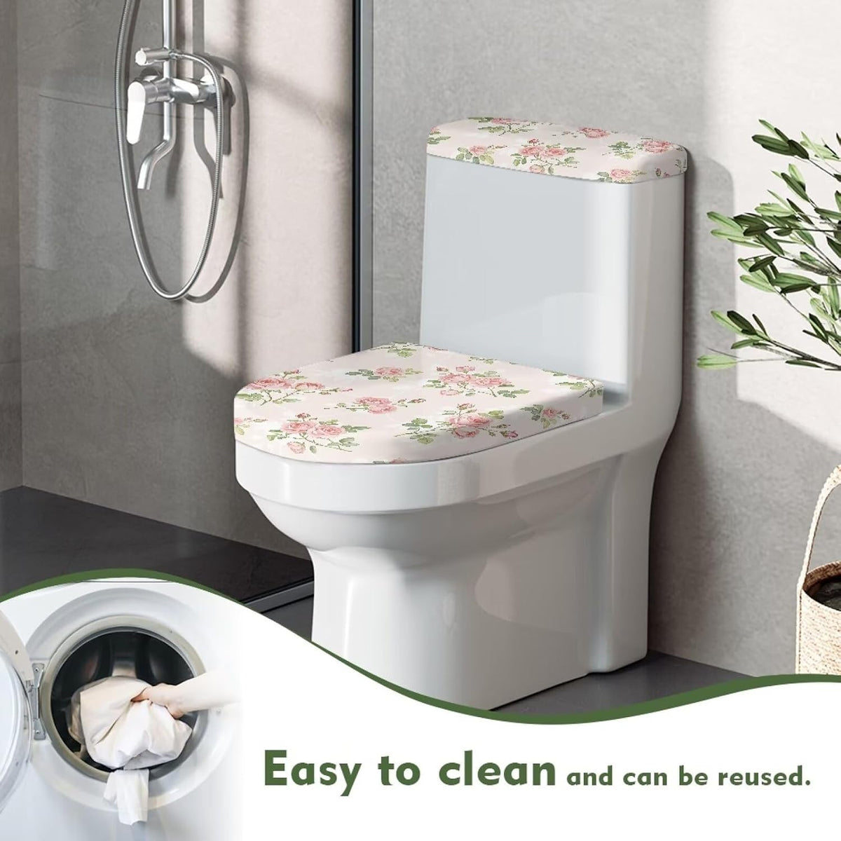 Pink Rose Toilet Seat Cover for Spring Decor 2 PCS Floral Toilet Lid Tank Cover for Bathroom Machine Washable Stretchable Fit for Round Oval Elongated Toilets, Pink