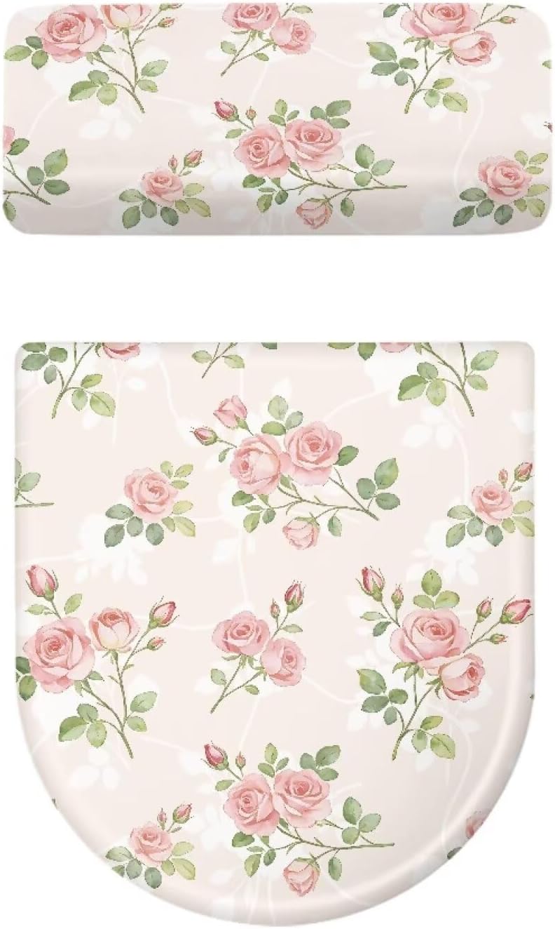 Pink Rose Toilet Seat Cover for Spring Decor 2 PCS Floral Toilet Lid Tank Cover for Bathroom Machine Washable Stretchable Fit for Round Oval Elongated Toilets, Pink