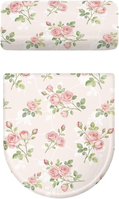 Pink Rose Toilet Seat Cover for Spring Decor 2 PCS Floral Toilet Lid Tank Cover for Bathroom Machine Washable Stretchable Fit for Round Oval Elongated Toilets, Pink