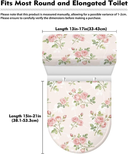 Pink Rose Toilet Seat Cover for Spring Decor 2 PCS Floral Toilet Lid Tank Cover for Bathroom Machine Washable Stretchable Fit for Round Oval Elongated Toilets, Pink