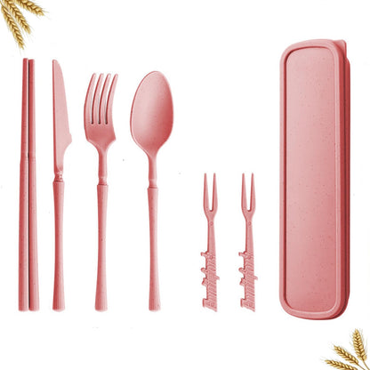 Plastic Reusable Fork Spoon Knife Chopsticks Fruit Forks Cutlery Set (Pink)