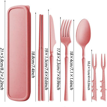 Plastic Reusable Fork Spoon Knife Chopsticks Fruit Forks Cutlery Set (Pink)