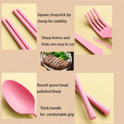 Plastic Reusable Fork Spoon Knife Chopsticks Fruit Forks Cutlery Set (Pink)