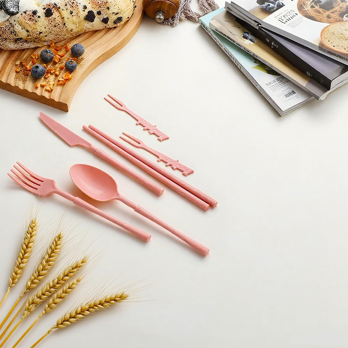 Plastic Reusable Fork Spoon Knife Chopsticks Fruit Forks Cutlery Set (Pink)