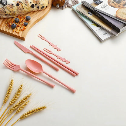 Plastic Reusable Fork Spoon Knife Chopsticks Fruit Forks Cutlery Set (Pink)