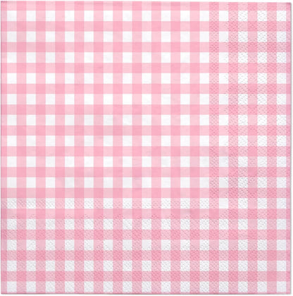 25Pcs Pink Plaid Paper Napkins - 3-Ply Pink and White Gingham Disposable Luncheon Napkins for Easter, Birthday, Baby Girl Shower and Daily Use - 6.5 x 6.5 In