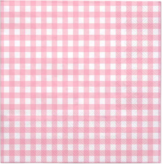 25Pcs Pink Plaid Paper Napkins - 3-Ply Pink and White Gingham Disposable Luncheon Napkins for Easter, Birthday, Baby Girl Shower and Daily Use - 6.5 x 6.5 In