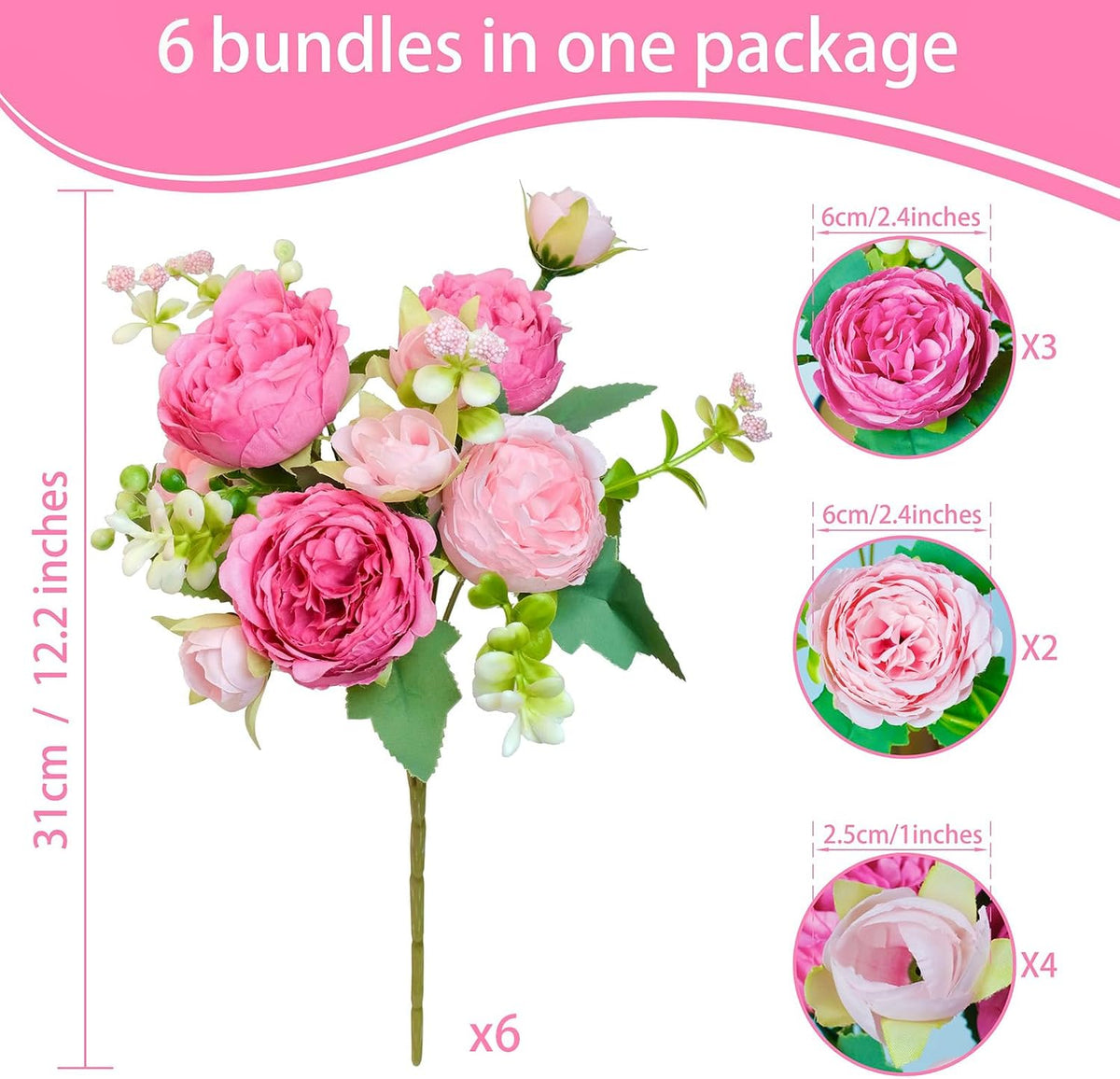 6 Pcs Peonies Artificial Flowers, Pink Flowers for Centerpieces