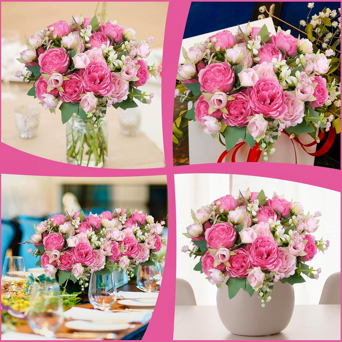 6 Pcs Peonies Artificial Flowers, Pink Flowers for Centerpieces