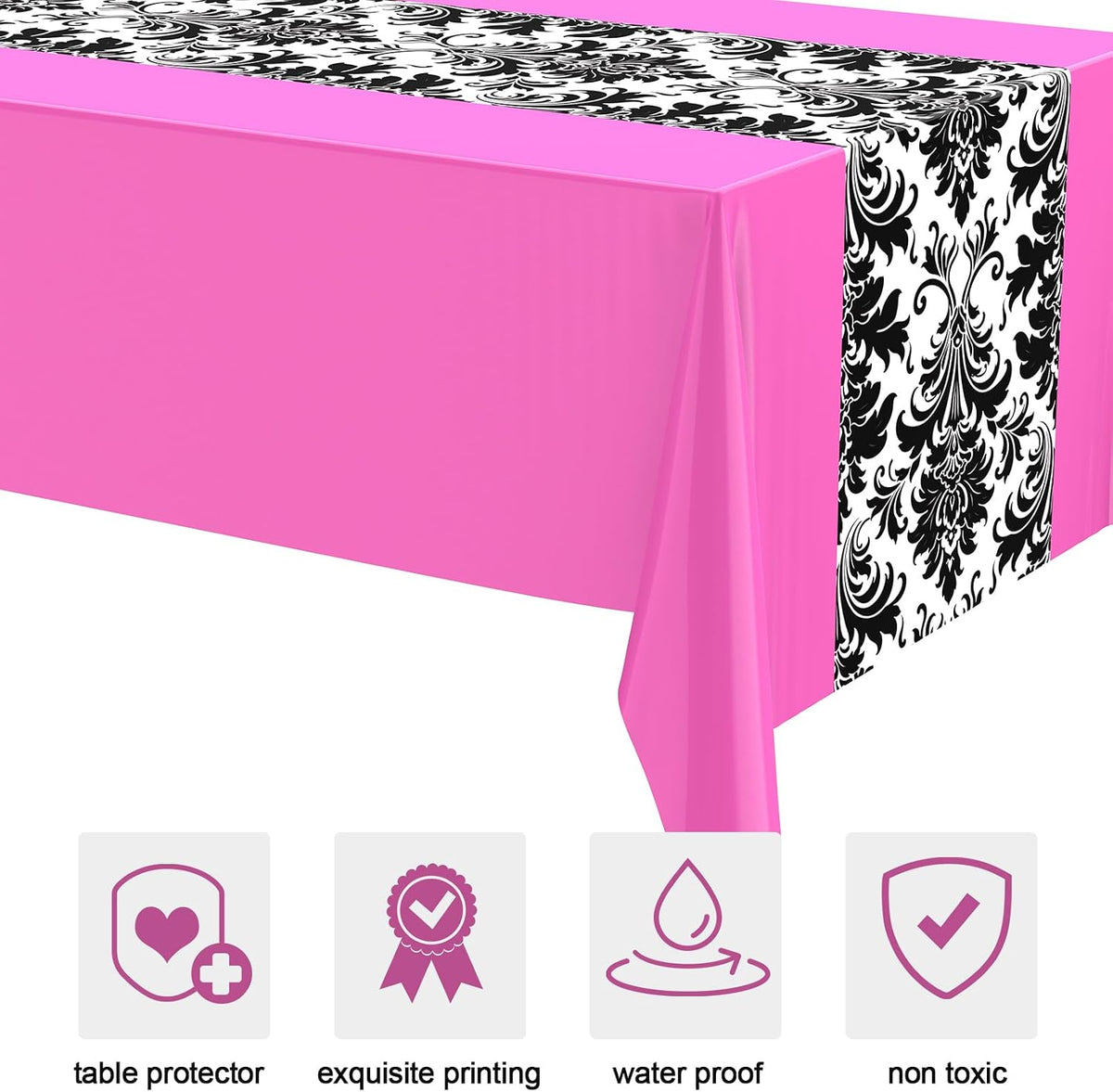 3 Pcs 54 x 108 Inch Baroque Tablecloth Gothic Wedding Bridal Table Cloth Vintage Table Runner for Party Picnic Dinner Kitchen(Pink)