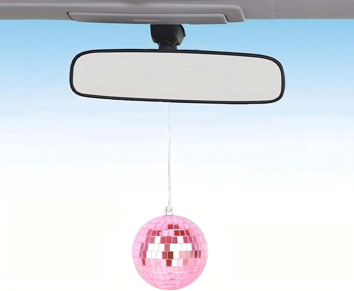 Pink Disco Ball,Disco Ball Car Accessory,Disco Car Charm, Rear View Mirror Hanging Accessories (Pink)