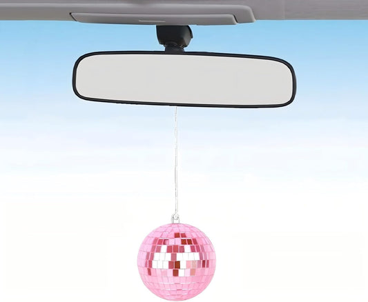 Pink Disco Ball,Disco Ball Car Accessory,Disco Car Charm, Rear View Mirror Hanging Accessories (Pink)