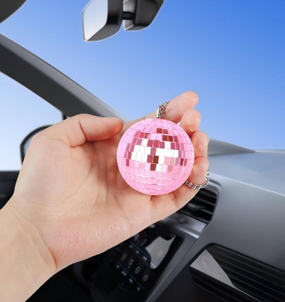 Pink Disco Ball,Disco Ball Car Accessory,Disco Car Charm, Rear View Mirror Hanging Accessories (Pink)