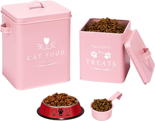 Cat Food Container and Treat Container - Tight Lids - Feed Scoop and Pet Food Bowl - Farmhouse Metal Storage Bin - Great Gift for Small Pets - Matte Pink