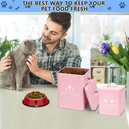 Cat Food Container and Treat Container - Tight Lids - Feed Scoop and Pet Food Bowl - Farmhouse Metal Storage Bin - Great Gift for Small Pets - Matte Pink