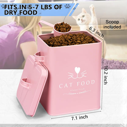 Cat Food Container and Treat Container - Tight Lids - Feed Scoop and Pet Food Bowl - Farmhouse Metal Storage Bin - Great Gift for Small Pets - Matte Pink
