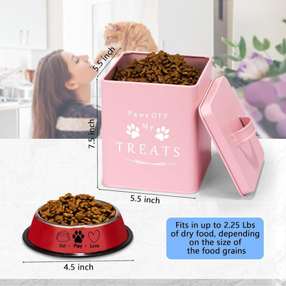 Cat Food Container and Treat Container - Tight Lids - Feed Scoop and Pet Food Bowl - Farmhouse Metal Storage Bin - Great Gift for Small Pets - Matte Pink