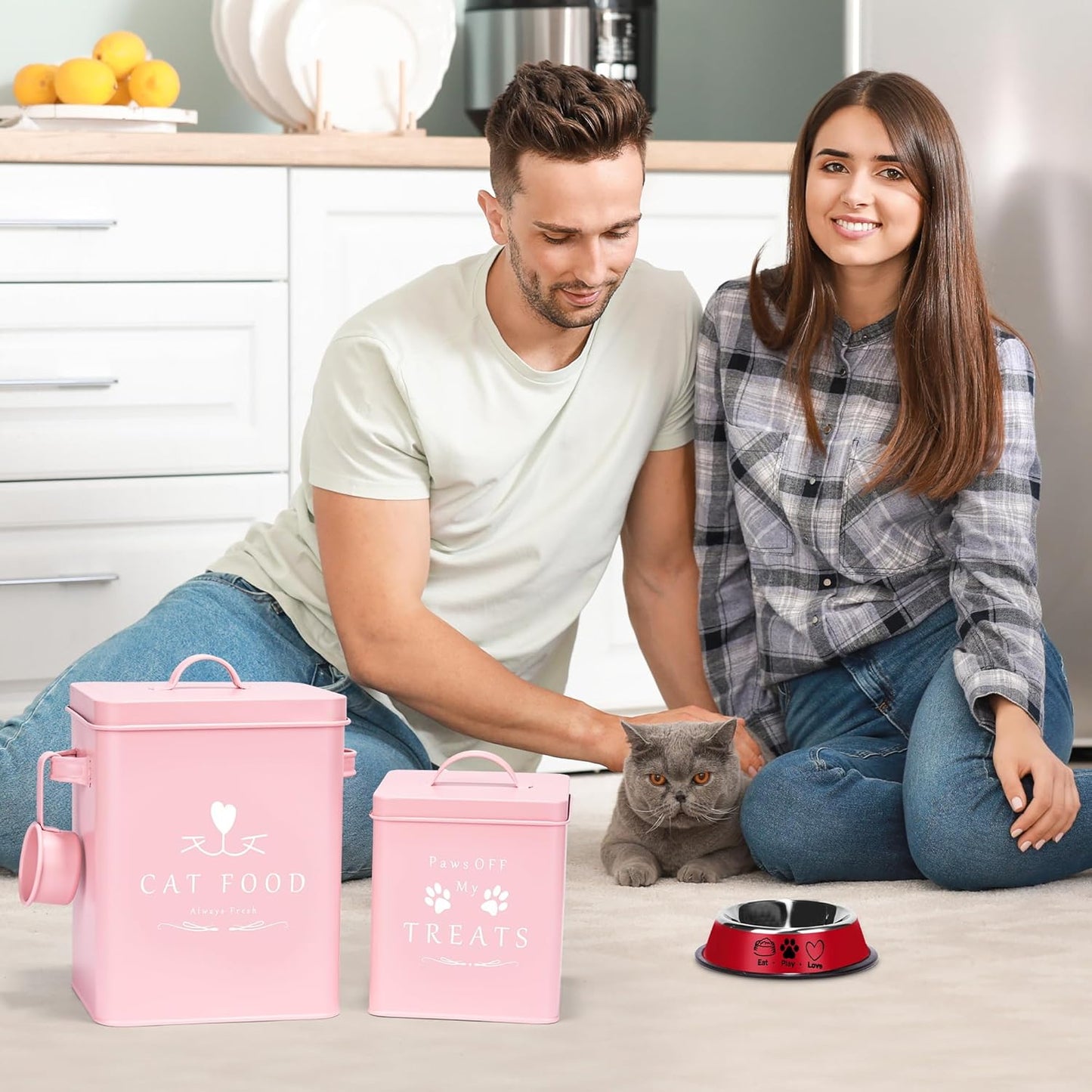 Cat Food Container and Treat Container - Tight Lids - Feed Scoop and Pet Food Bowl - Farmhouse Metal Storage Bin - Great Gift for Small Pets - Matte Pink