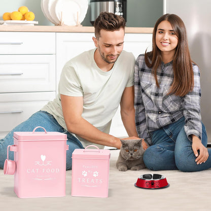 Cat Food Container and Treat Container - Tight Lids - Feed Scoop and Pet Food Bowl - Farmhouse Metal Storage Bin - Great Gift for Small Pets - Matte Pink