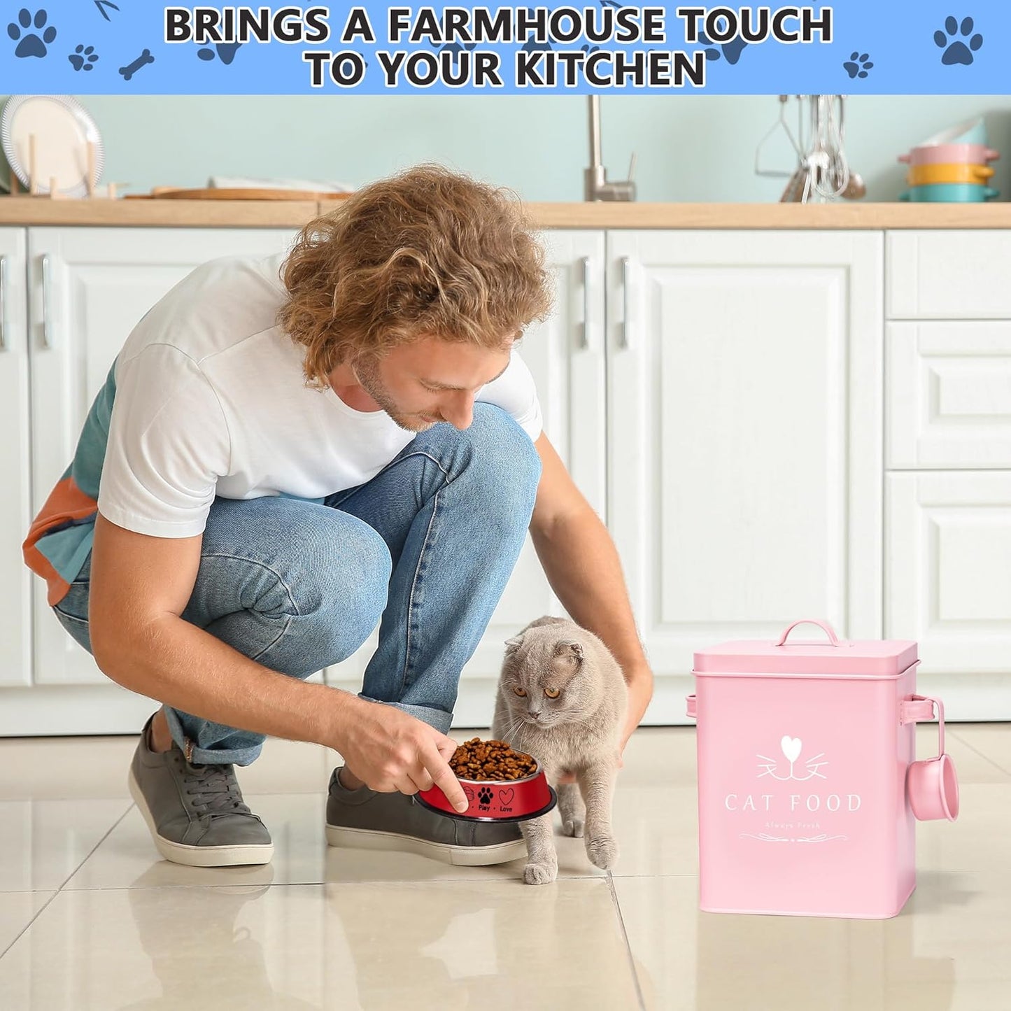 Cat Food Container and Treat Container - Tight Lids - Feed Scoop and Pet Food Bowl - Farmhouse Metal Storage Bin - Great Gift for Small Pets - Matte Pink