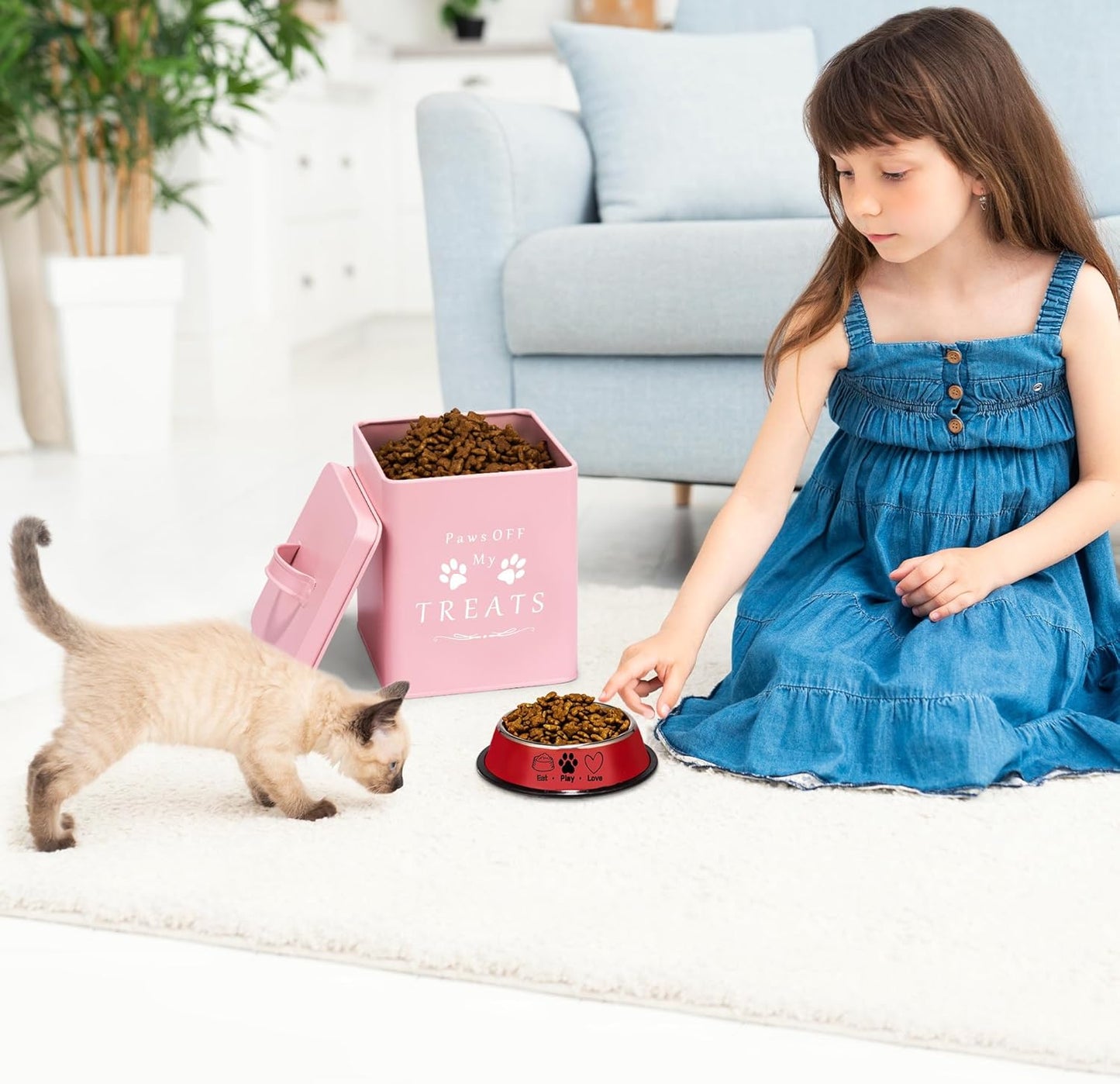 Cat Food Container and Treat Container - Tight Lids - Feed Scoop and Pet Food Bowl - Farmhouse Metal Storage Bin - Great Gift for Small Pets - Matte Pink