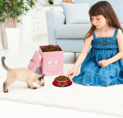 Cat Food Container and Treat Container - Tight Lids - Feed Scoop and Pet Food Bowl - Farmhouse Metal Storage Bin - Great Gift for Small Pets - Matte Pink