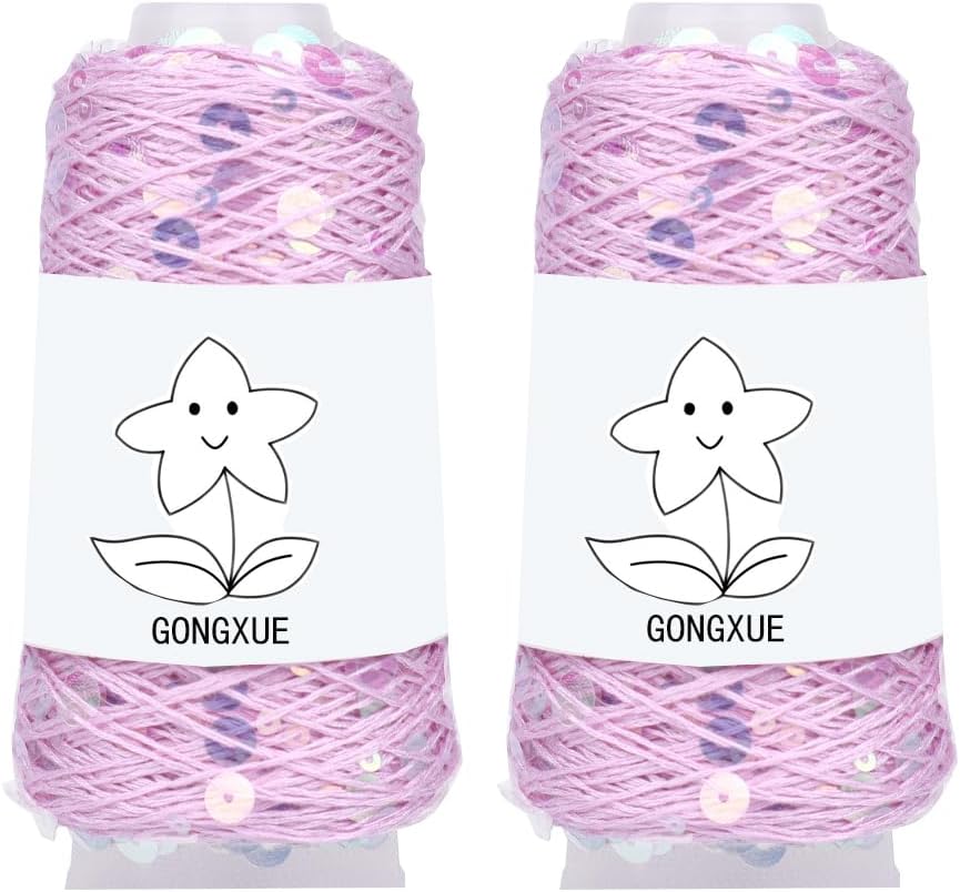 2 Balls Sequins Sparkle Cotton Yarn, Lurex Sequin Thread Accessories Knit it in Yarn with Metallic Shine for Knitting and Crocheting 100g (Illusion Pink, L)