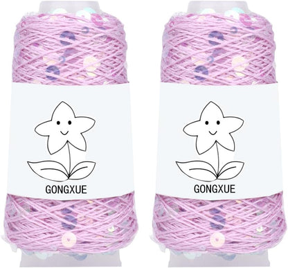 2 Balls Sequins Sparkle Cotton Yarn, Lurex Sequin Thread Accessories Knit it in Yarn with Metallic Shine for Knitting and Crocheting 100g (Illusion Pink, L)