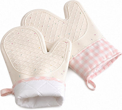 Heat Resistant Silicone Oven Mitts, Pink Cooking Gloves, 2 Pack