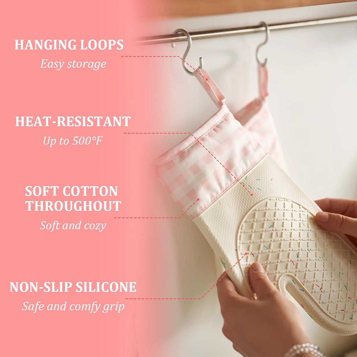 Heat Resistant Silicone Oven Mitts, Pink Cooking Gloves, 2 Pack