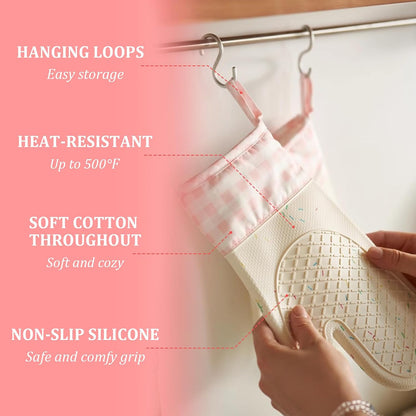 Heat Resistant Silicone Oven Mitts, Pink Cooking Gloves, 2 Pack
