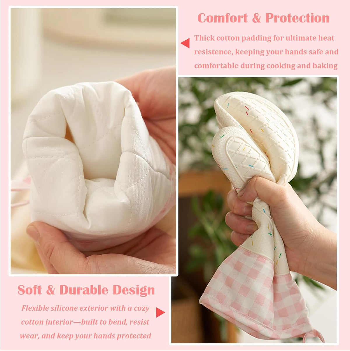 Heat Resistant Silicone Oven Mitts, Pink Cooking Gloves, 2 Pack