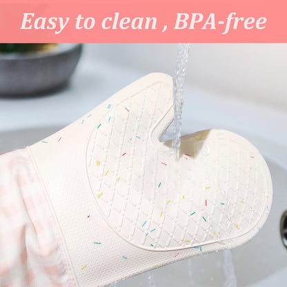 Heat Resistant Silicone Oven Mitts, Pink Cooking Gloves, 2 Pack