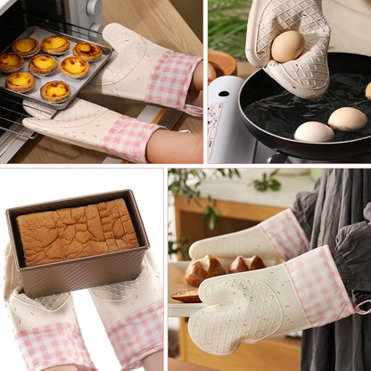 Heat Resistant Silicone Oven Mitts, Pink Cooking Gloves, 2 Pack