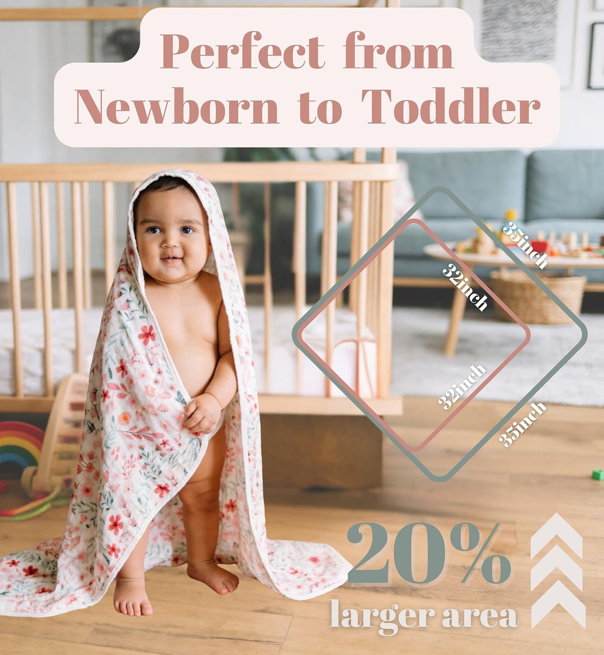 6-Layer Muslin Hooded Baby Bath Towel 2 Packs 35x35 inch