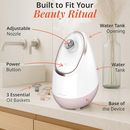 Aira Ionic Facial Steamer (Rose Gold) - Pore Cleaner that Detoxifies, Cleanses and Moisturizes - Adjustable Nozzle, Water Tank with 3 Essential Oil Baskets