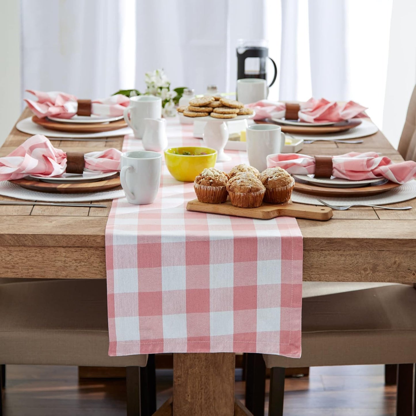 Buffalo Check Collection, Classic Farmhouse Table Runner, 14x72, Pink & White