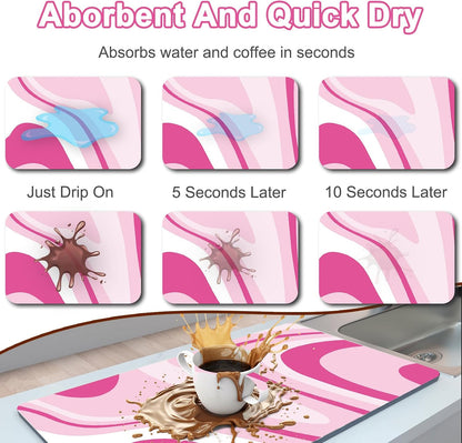 Absorbent Dish Drying Mat for Kitchen Counter, 17" X 28” Coffee Bar Mat for Espresso Machine, Quick Dry Aesthetic Drying Pad, Non-Slip Waterproof Countertop Protector for Coffee Maker, Pink Abstract